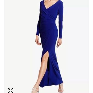 Lauren Ralph Lauren Evening Dress 6 Blue Long Sleeve Sheath Ruched Jersey Gown